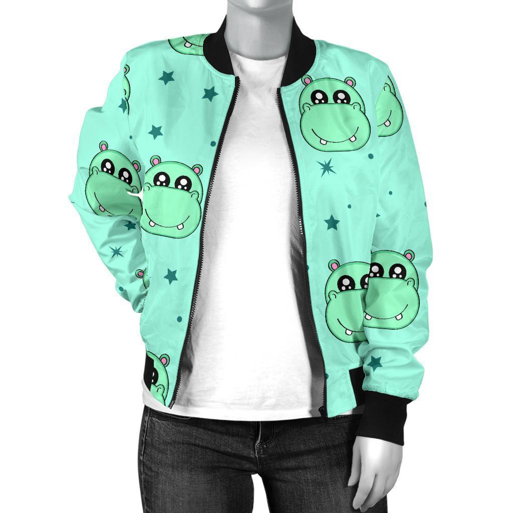 Cute Hippo Pattern Print Women Casual Bomber Jacket-grizzshop