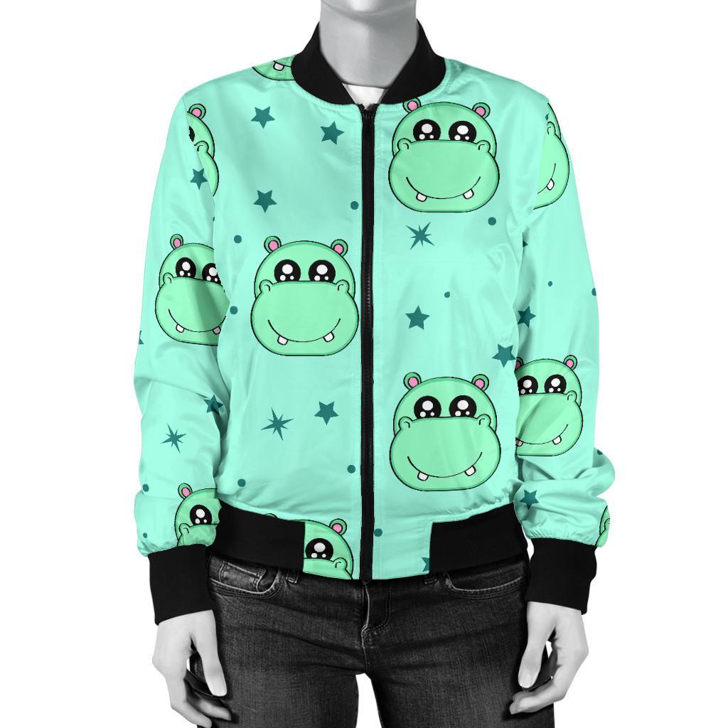 Cute Hippo Pattern Print Women Casual Bomber Jacket-grizzshop