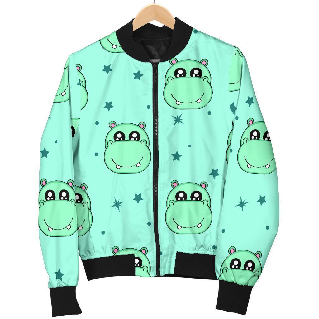 Cute Hippo Pattern Print Women Casual Bomber Jacket-grizzshop
