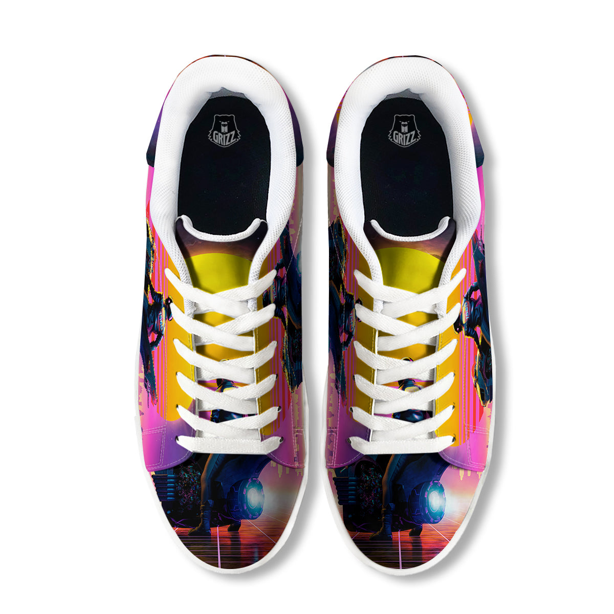 Cyberpunk Biker Print White Low Top Sneakers-grizzshop