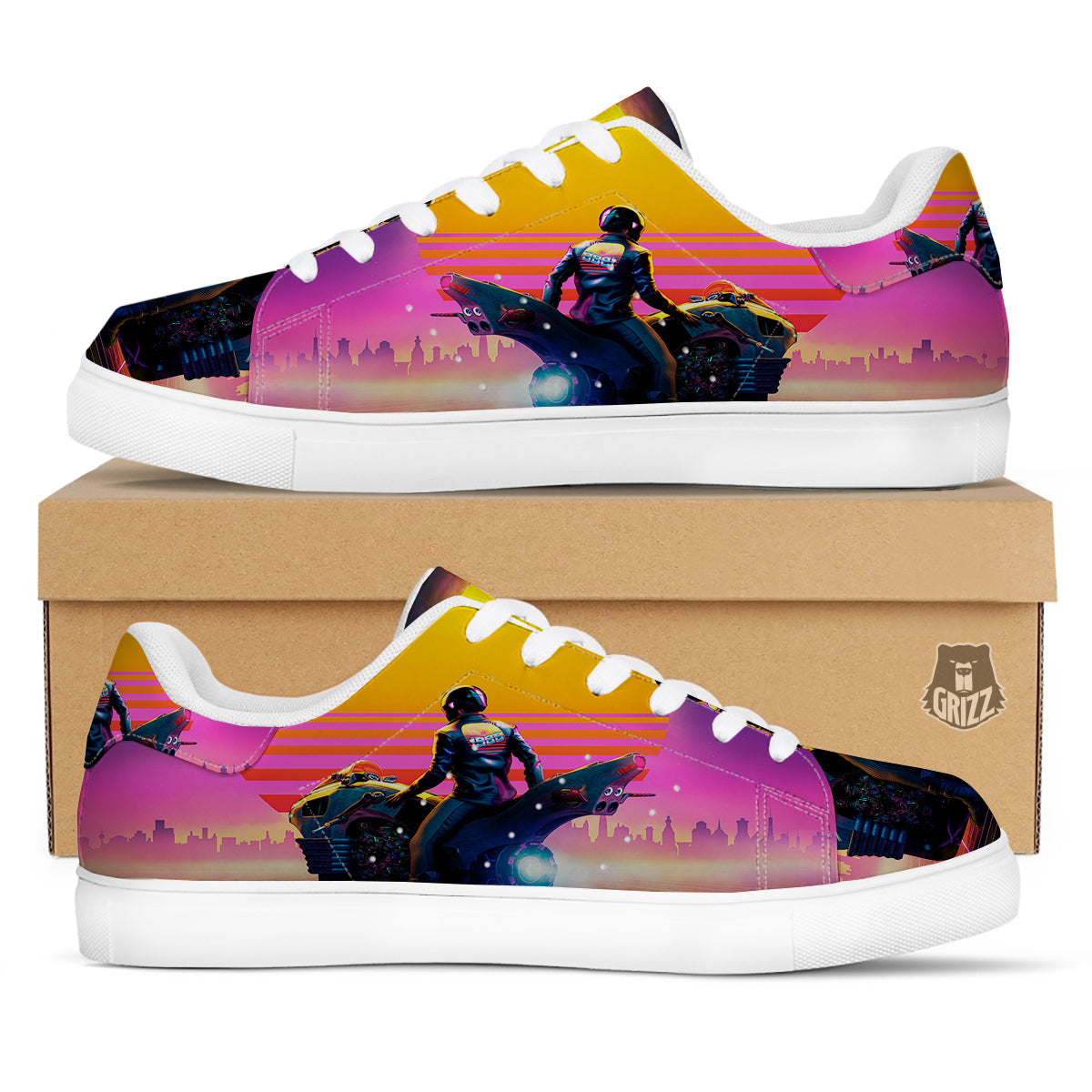 Cyberpunk Biker Print White Low Top Sneakers-grizzshop