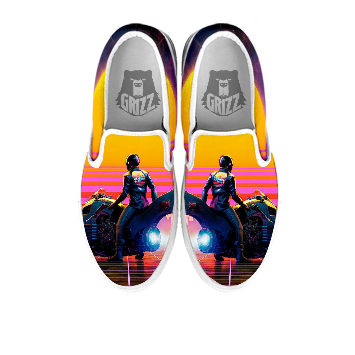 Cyberpunk Biker Print White Slip On Shoes-grizzshop