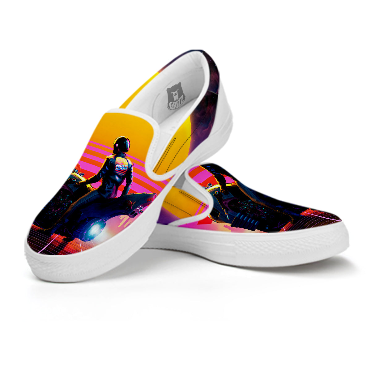 Cyberpunk Biker Print White Slip On Shoes-grizzshop