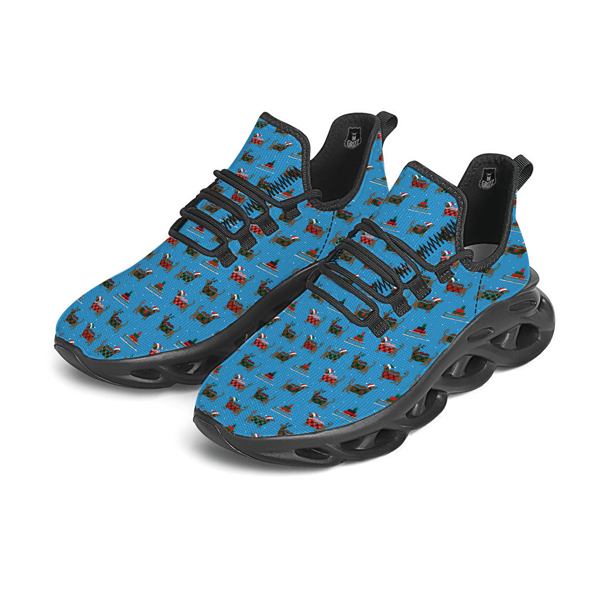 Dachshund Christmas Santa Print Black Running Shoes-grizzshop