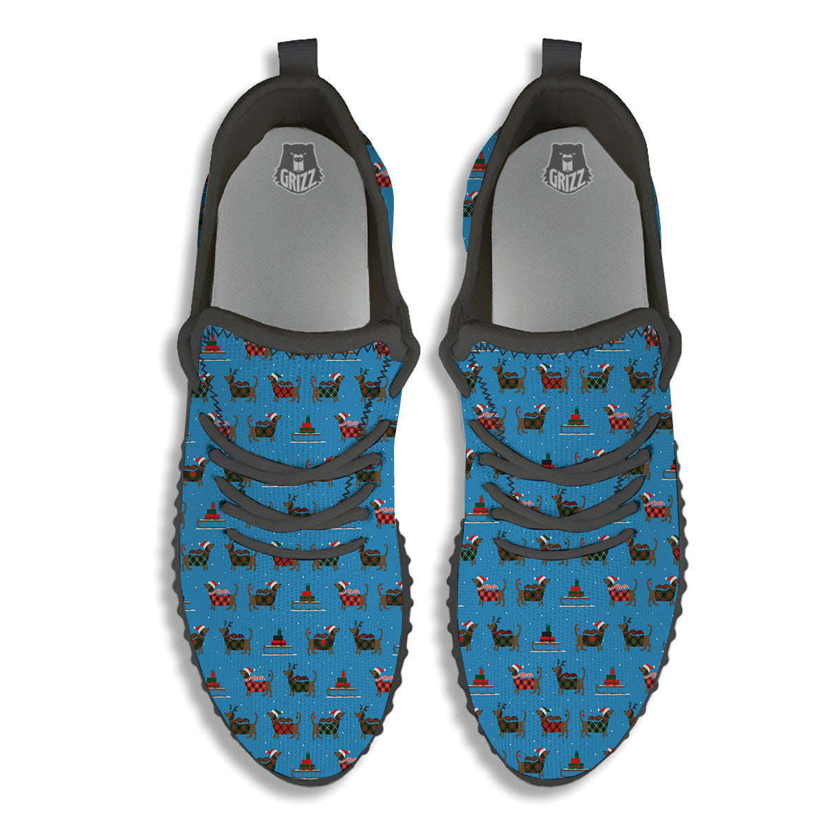 Dachshund Christmas Santa Print Black Walking Shoes-grizzshop