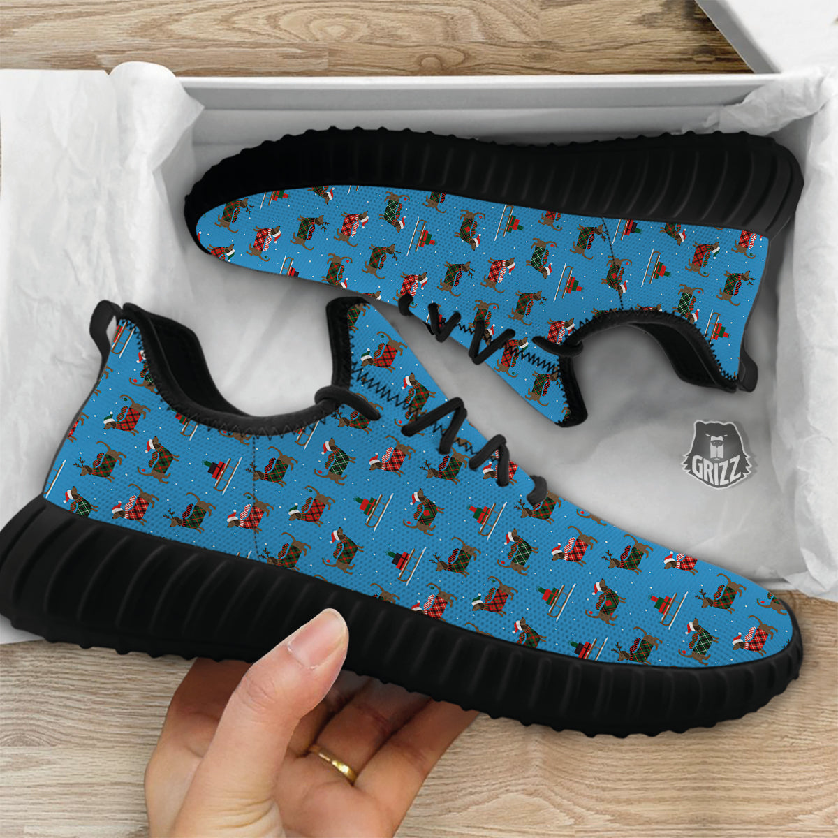 Dachshund Christmas Santa Print Black Walking Shoes-grizzshop