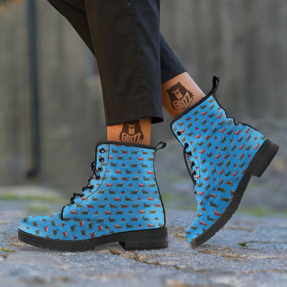 Dachshund Christmas Santa Print Leather Boots-grizzshop