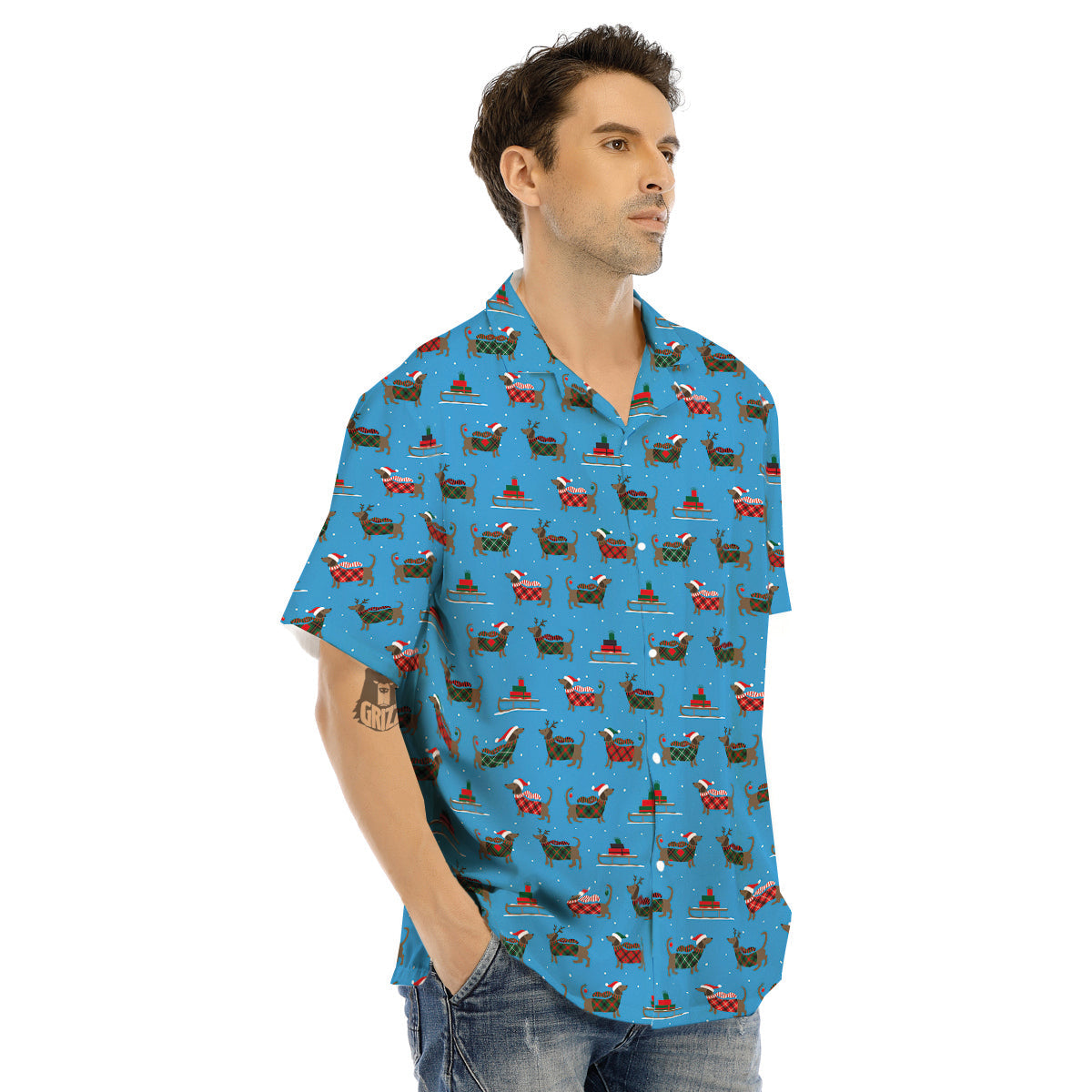 Dachshund Christmas Santa Print Men's Hawaiian Shirt-grizzshop