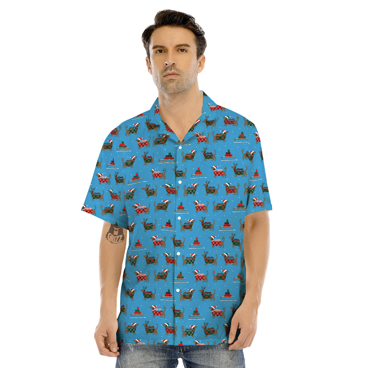 Dachshund Christmas Santa Print Men's Hawaiian Shirt-grizzshop