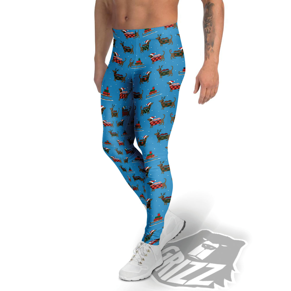 Dachshund Christmas Santa Print Men's Leggings-grizzshop