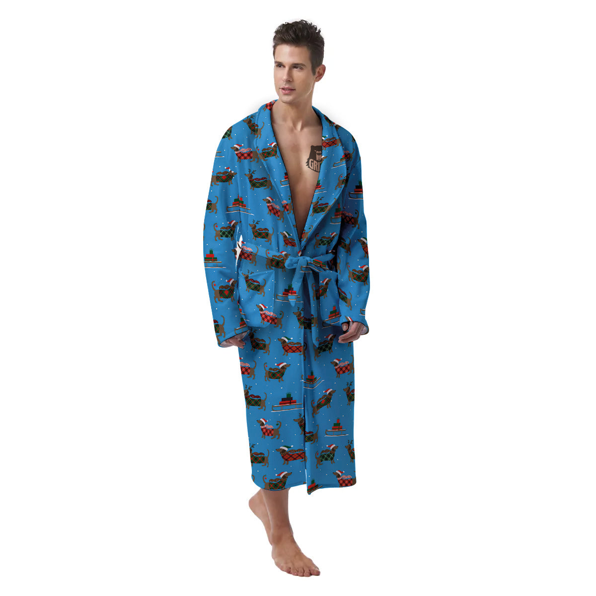 Dachshund Christmas Santa Print Men's Robe-grizzshop