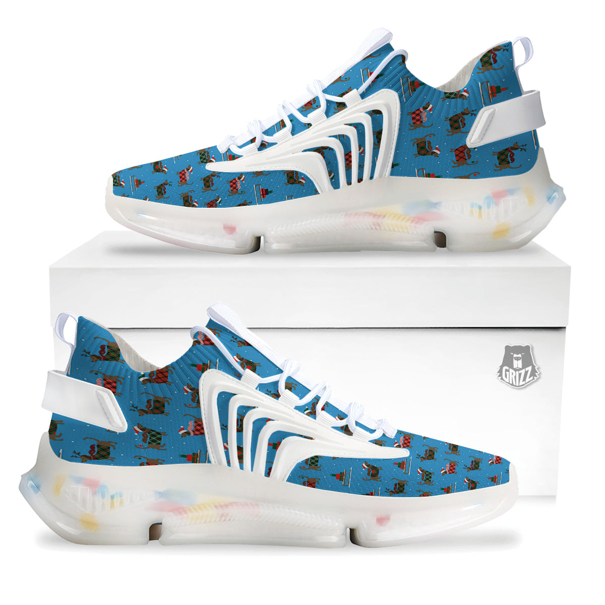 Dachshund Christmas Santa Print White Gym Shoes-grizzshop