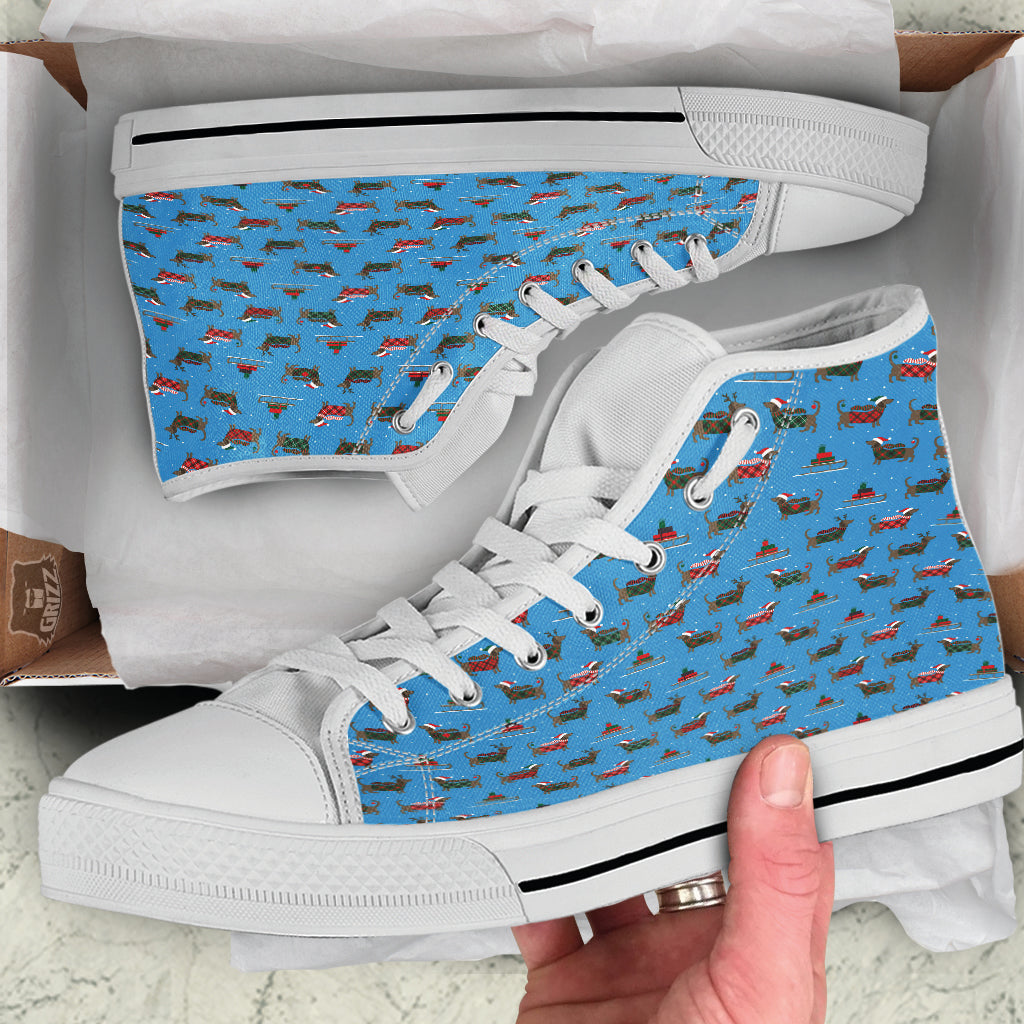 Dachshund Christmas Santa Print White High Top Shoes-grizzshop