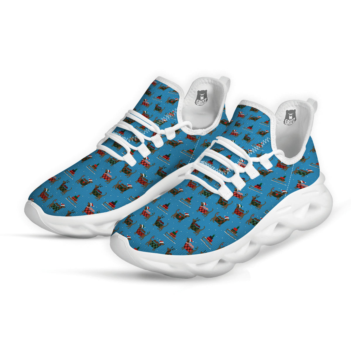 Dachshund Christmas Santa Print White Running Shoes-grizzshop