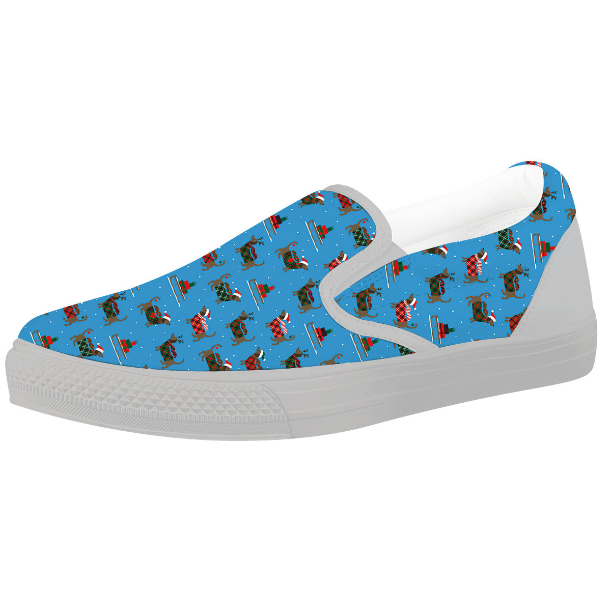Dachshund Christmas Santa Print White Slip On Shoes-grizzshop