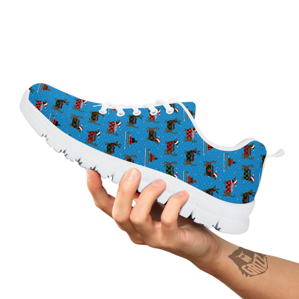 Dachshund Christmas Santa Print White Sneaker-grizzshop