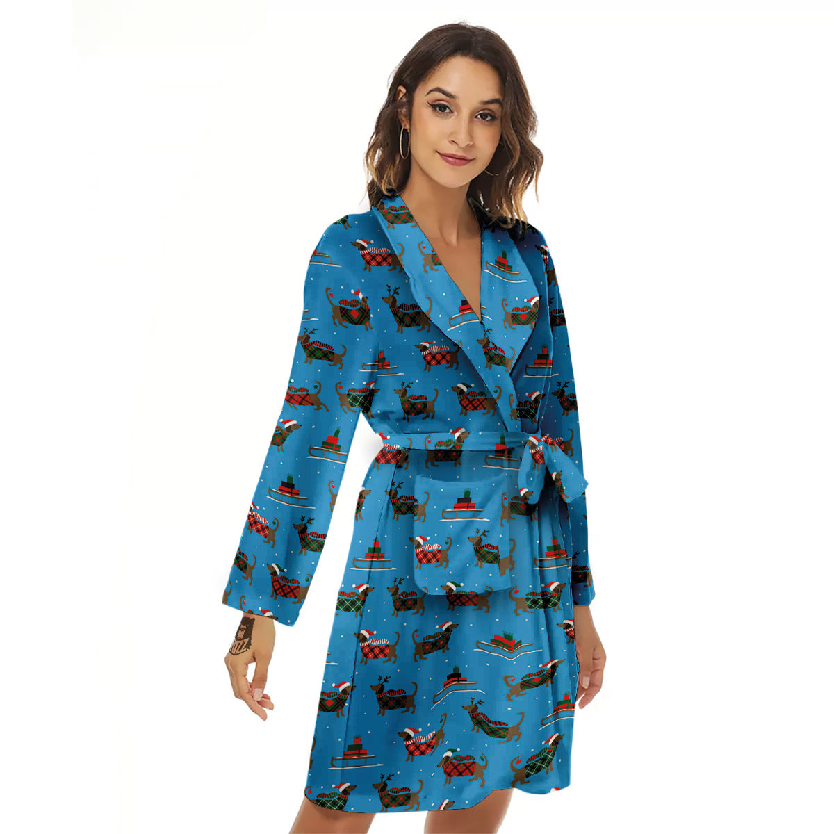 Dachshund Christmas Santa Print Women's Robe-grizzshop