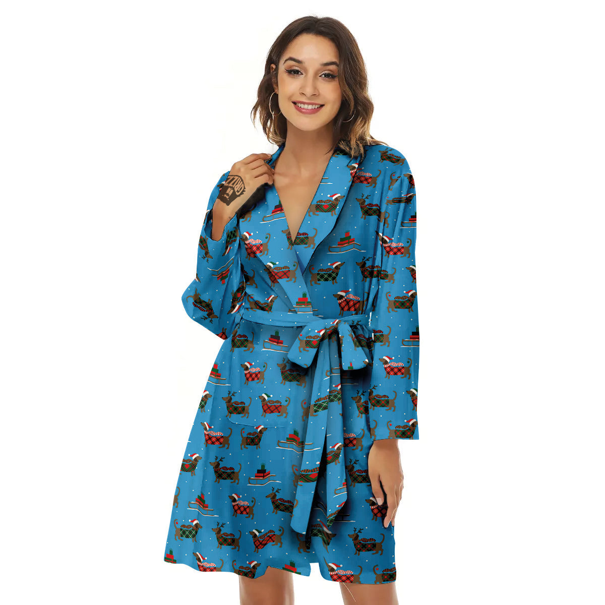Dachshund Christmas Santa Print Women's Robe-grizzshop