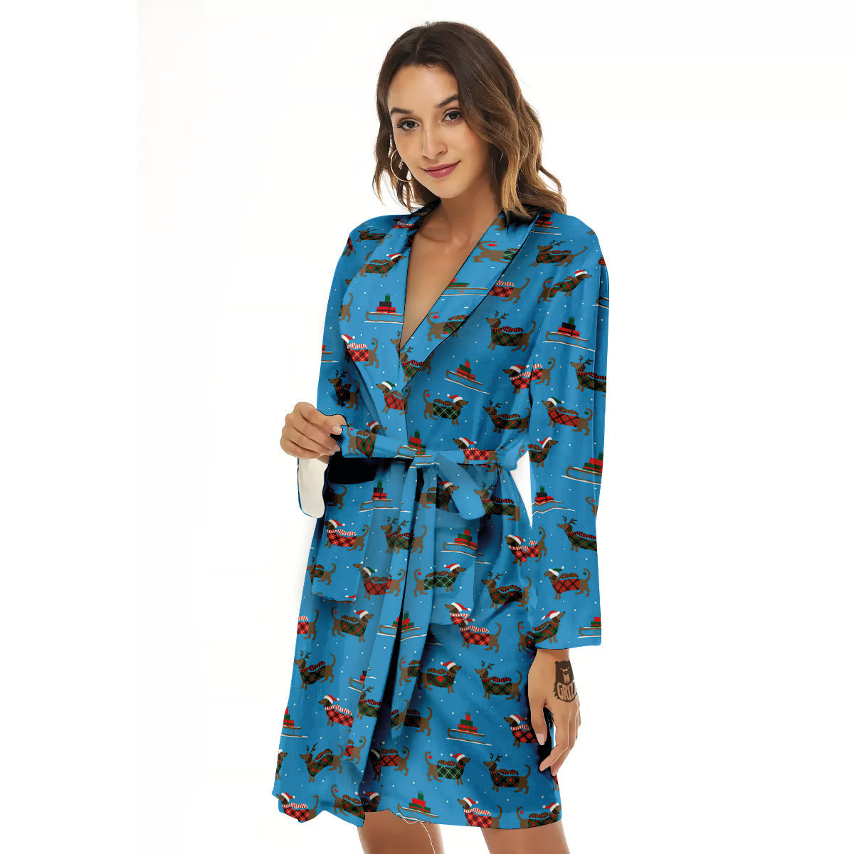Dachshund Christmas Santa Print Women's Robe-grizzshop