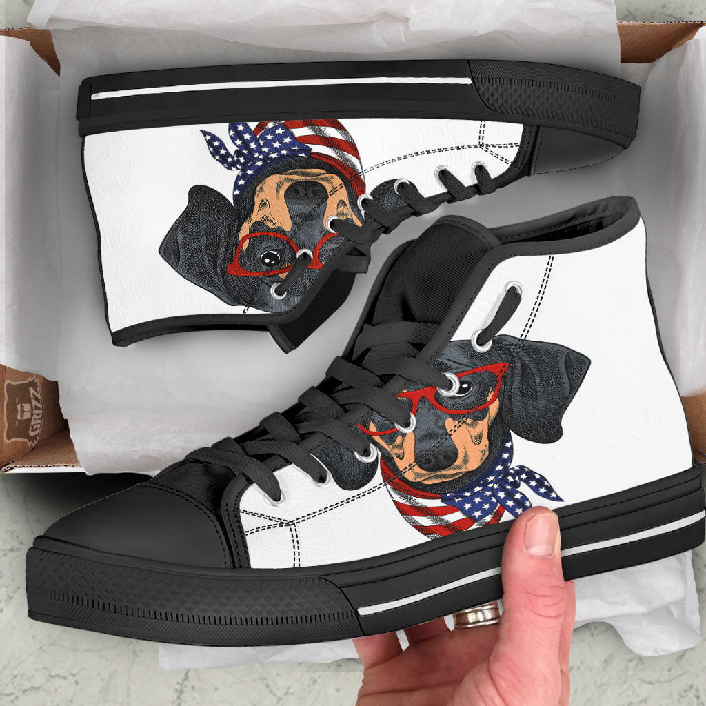 Dachshund Wearing Red Sunglasses Print Black High Top Shoes-grizzshop
