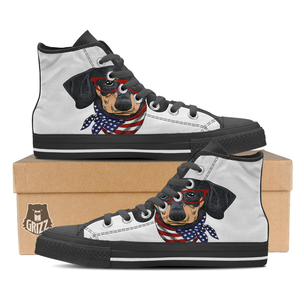Dachshund Wearing Red Sunglasses Print Black High Top Shoes-grizzshop