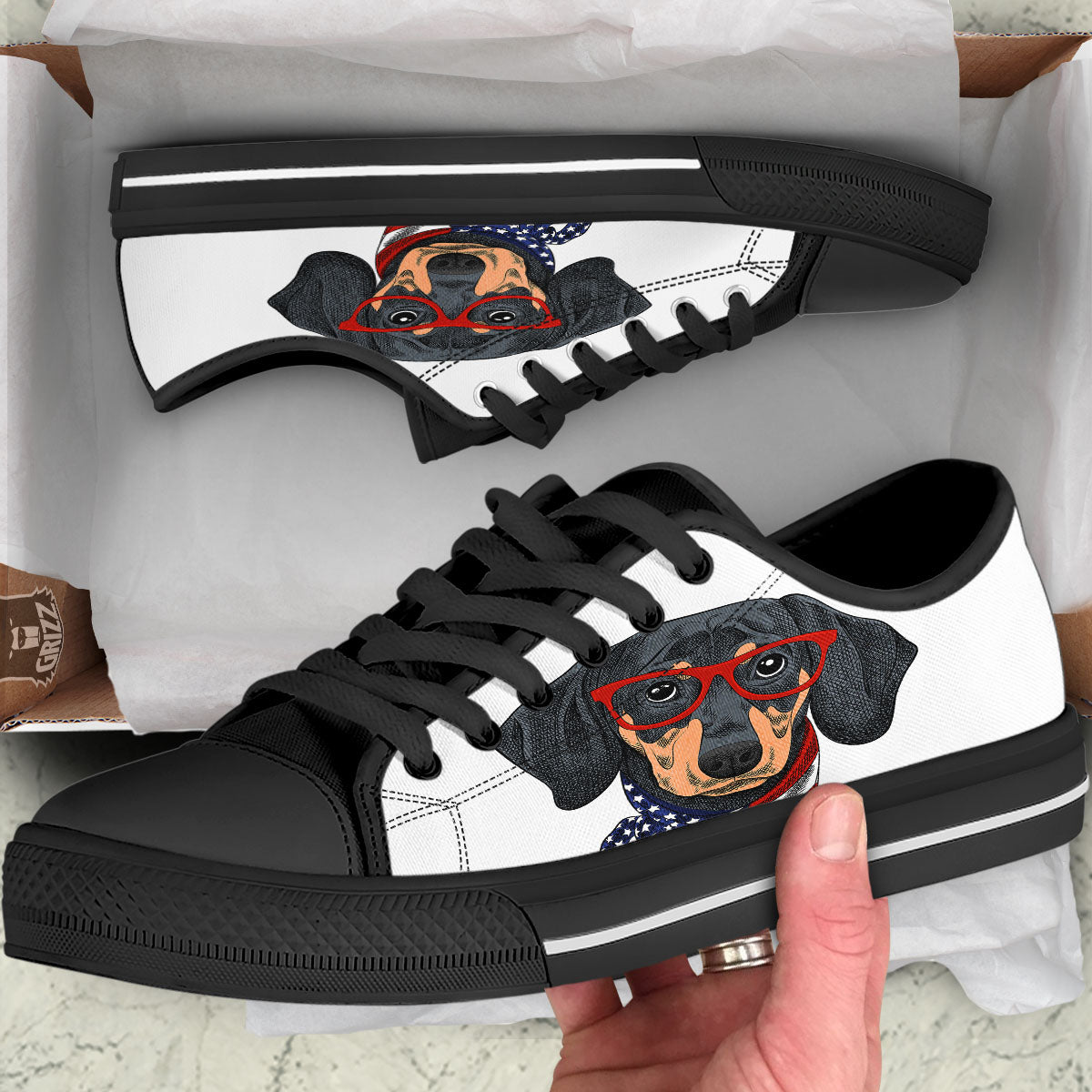 Dachshund Wearing Red Sunglasses Print Black Low Top Shoes-grizzshop