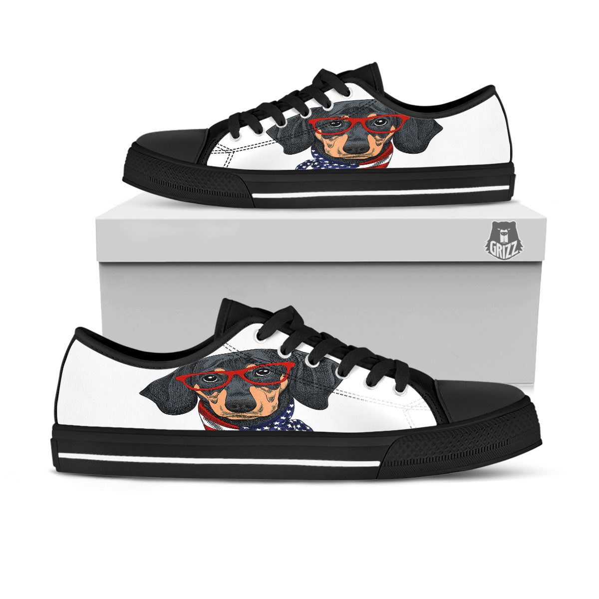 Dachshund Wearing Red Sunglasses Print Black Low Top Shoes-grizzshop