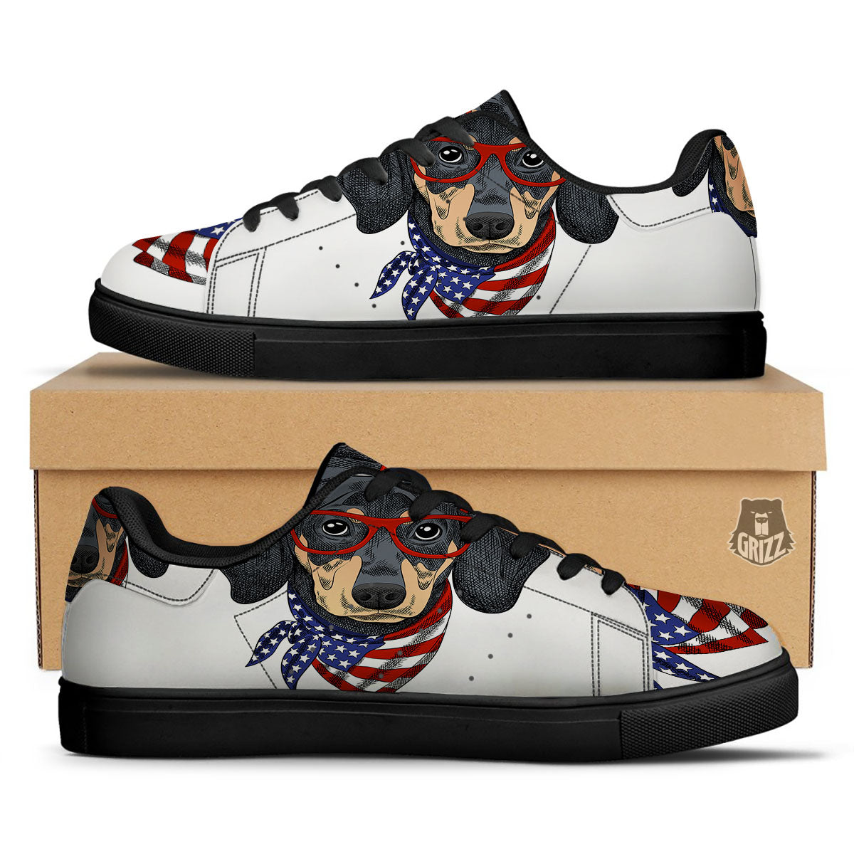 Dachshund Wearing Red Sunglasses Print Black Low Top Sneakers-grizzshop