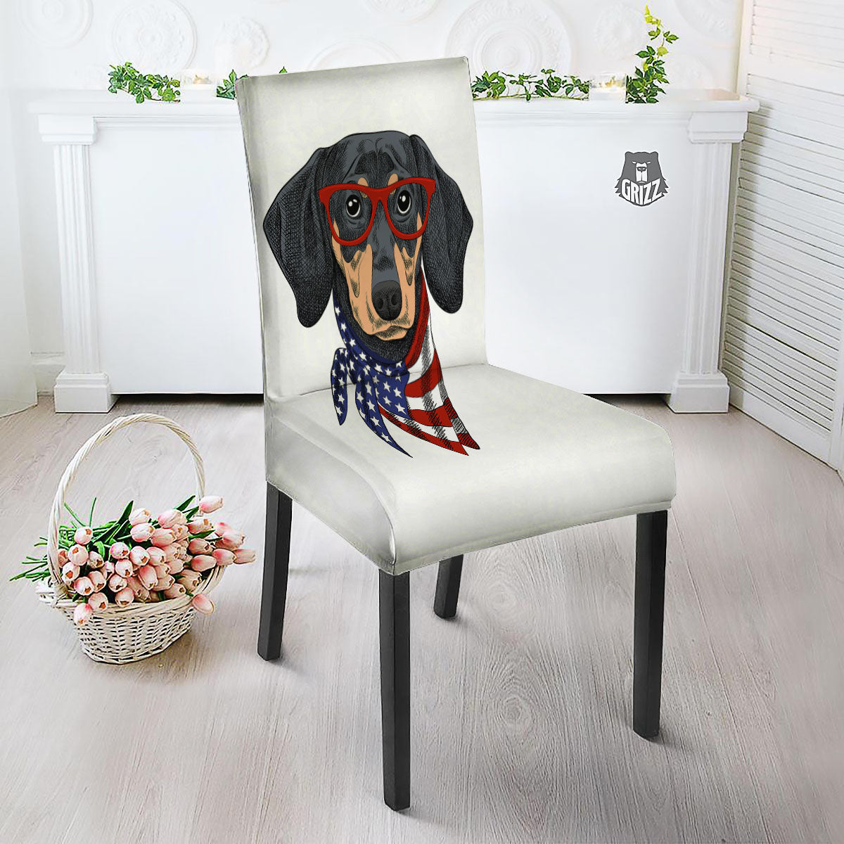 Dachshund Wearing Red Sunglasses Print Dining Chair Slipcover-grizzshop