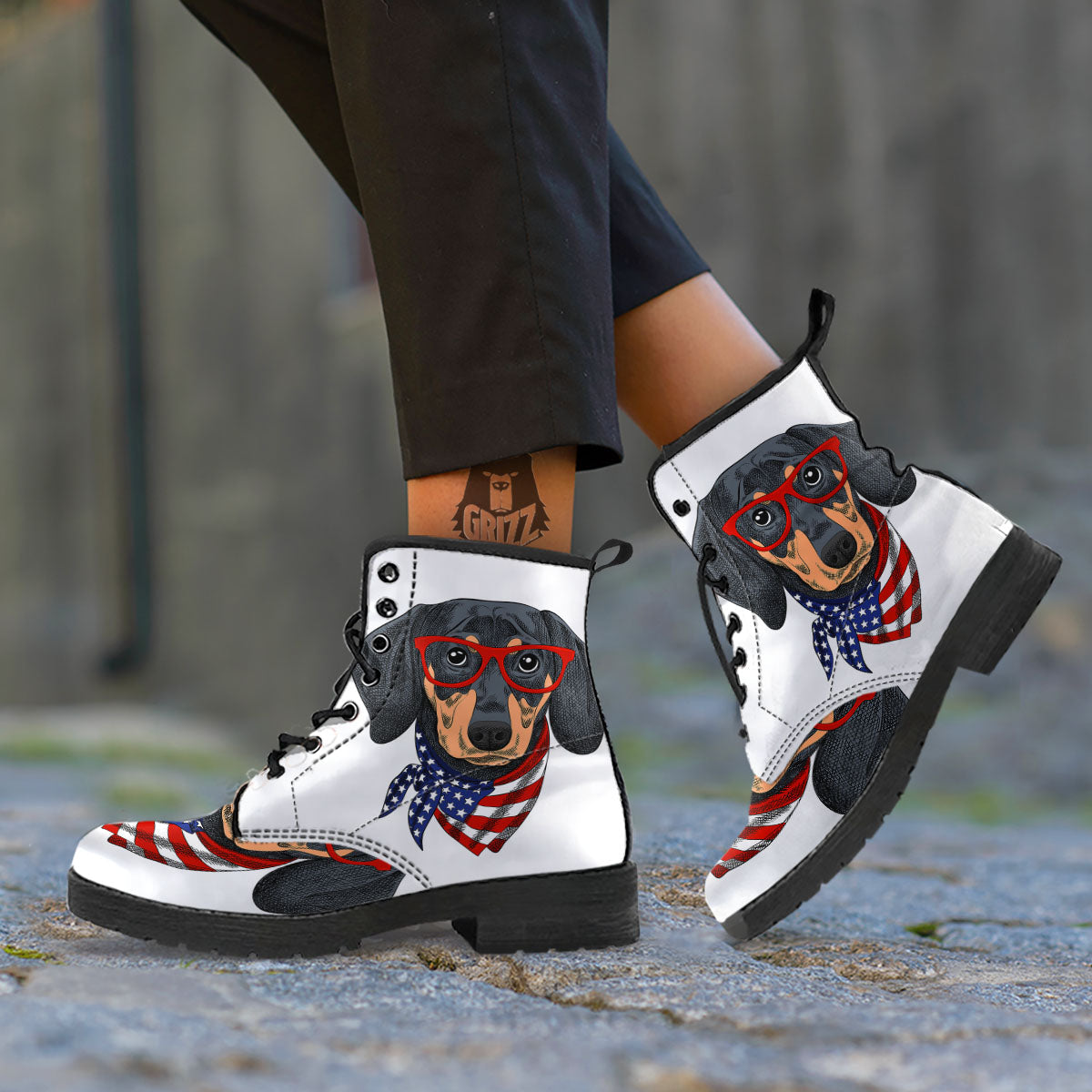 Dachshund Wearing Red Sunglasses Print Leather Boots-grizzshop