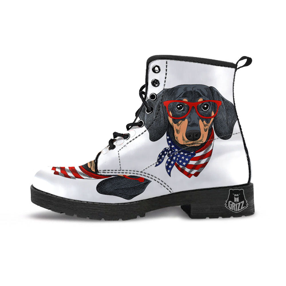 Dachshund Wearing Red Sunglasses Print Leather Boots-grizzshop