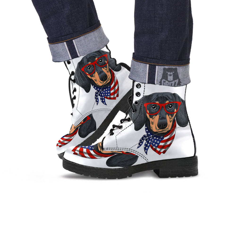 Dachshund Wearing Red Sunglasses Print Leather Boots-grizzshop