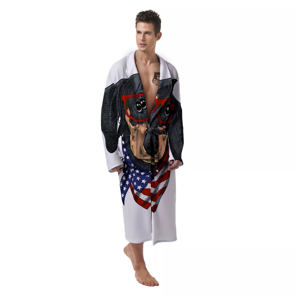 Dachshund Wearing Red Sunglasses Print Men's Robe-grizzshop