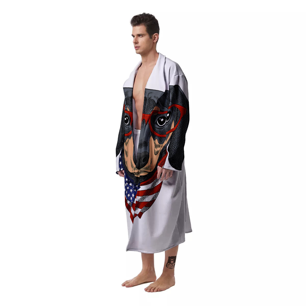 Dachshund Wearing Red Sunglasses Print Men's Robe-grizzshop