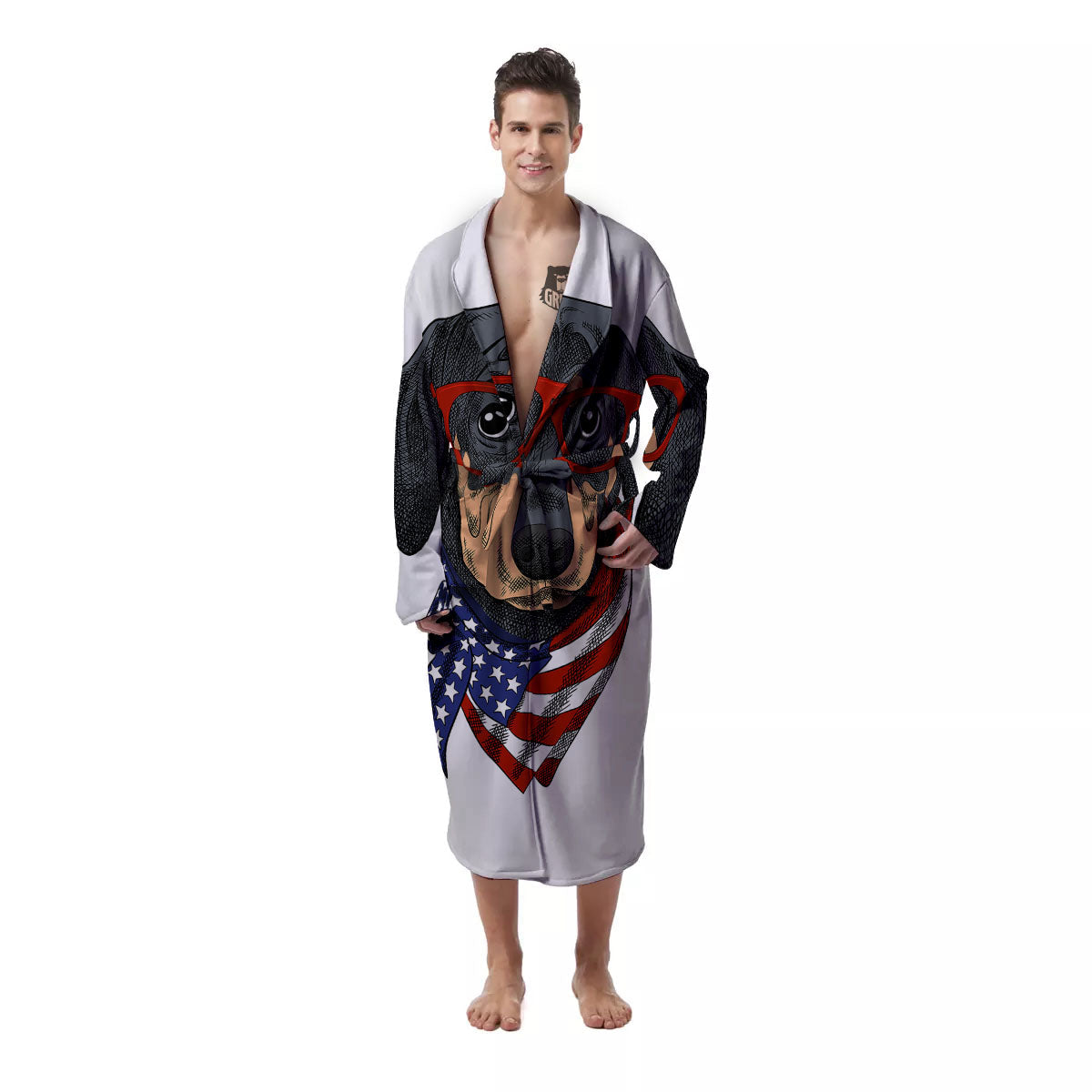 Dachshund Wearing Red Sunglasses Print Men's Robe-grizzshop