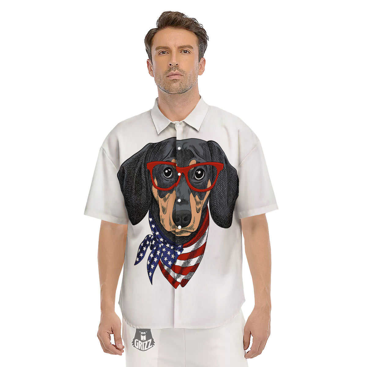 Dachshund Wearing Red Sunglasses Print Men's Short Sleeve Shirts-grizzshop