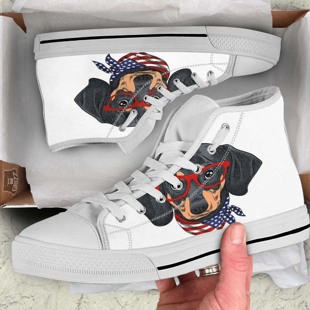 Dachshund Wearing Red Sunglasses Print White High Top Shoes-grizzshop
