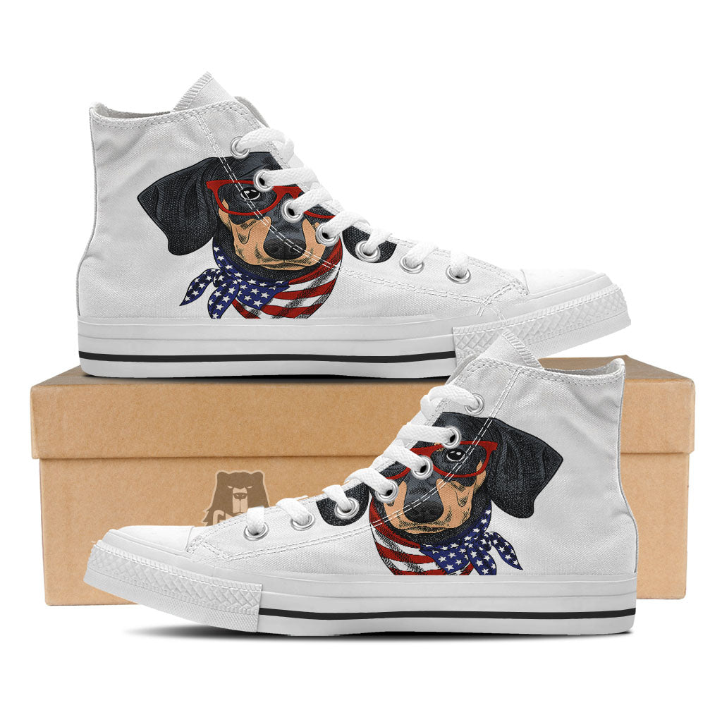 Dachshund Wearing Red Sunglasses Print White High Top Shoes-grizzshop