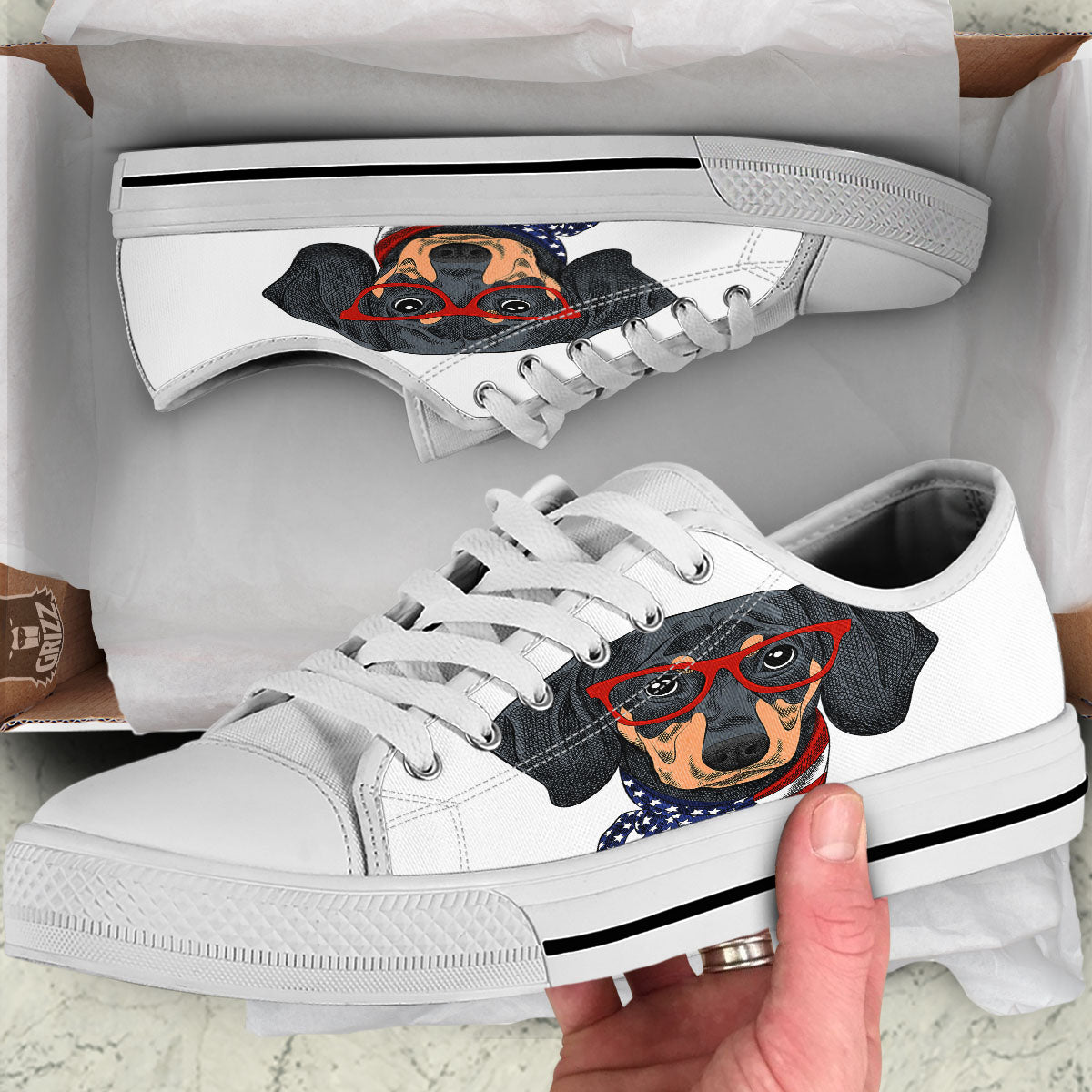 Dachshund Wearing Red Sunglasses Print White Low Top Shoes-grizzshop