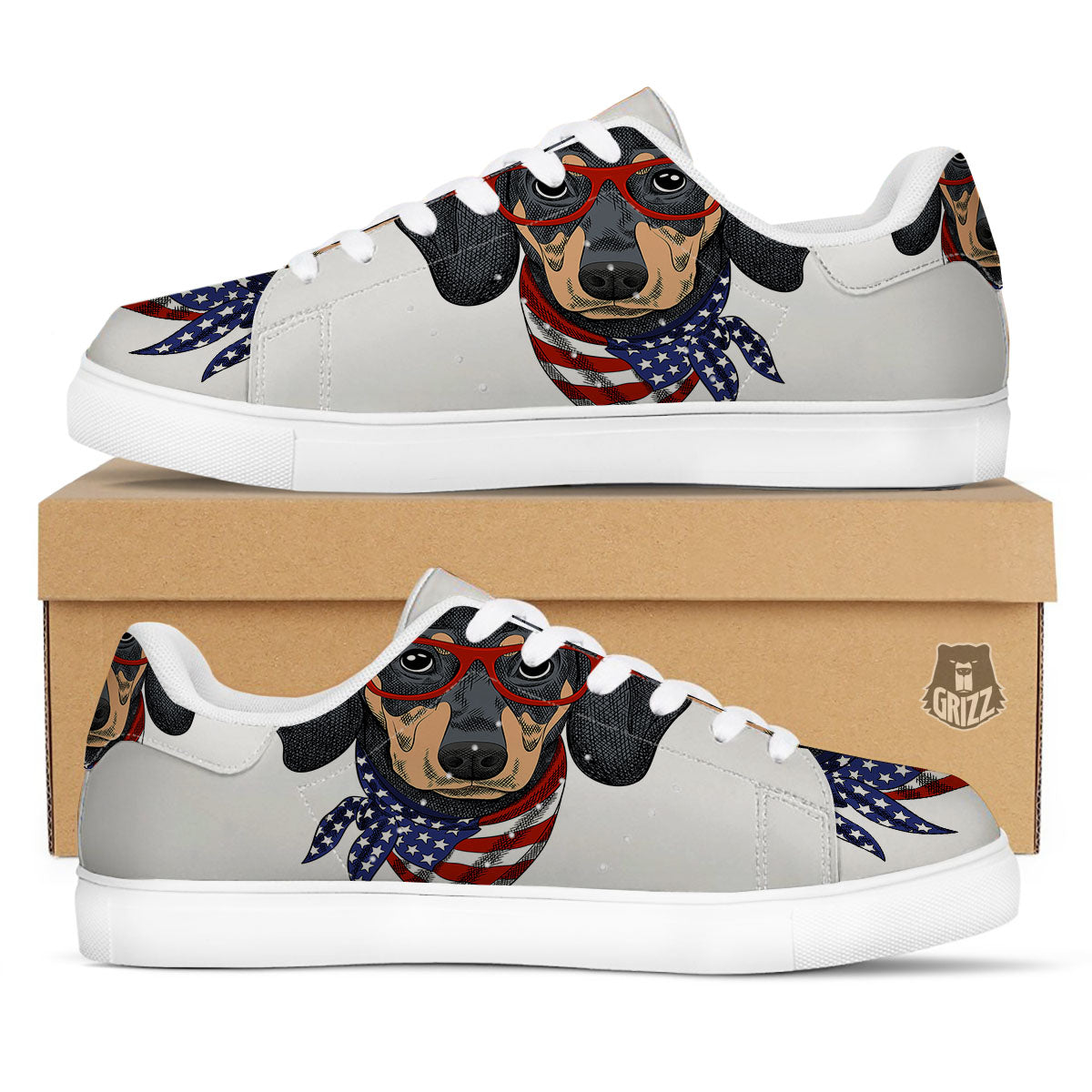Dachshund Wearing Red Sunglasses Print White Low Top Sneakers-grizzshop