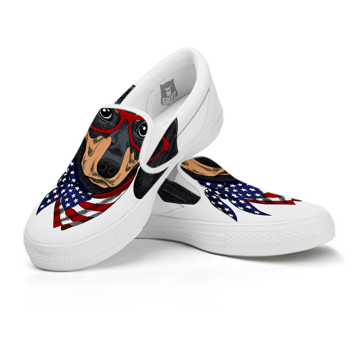 Dachshund Wearing Red Sunglasses Print White Slip On Shoes-grizzshop
