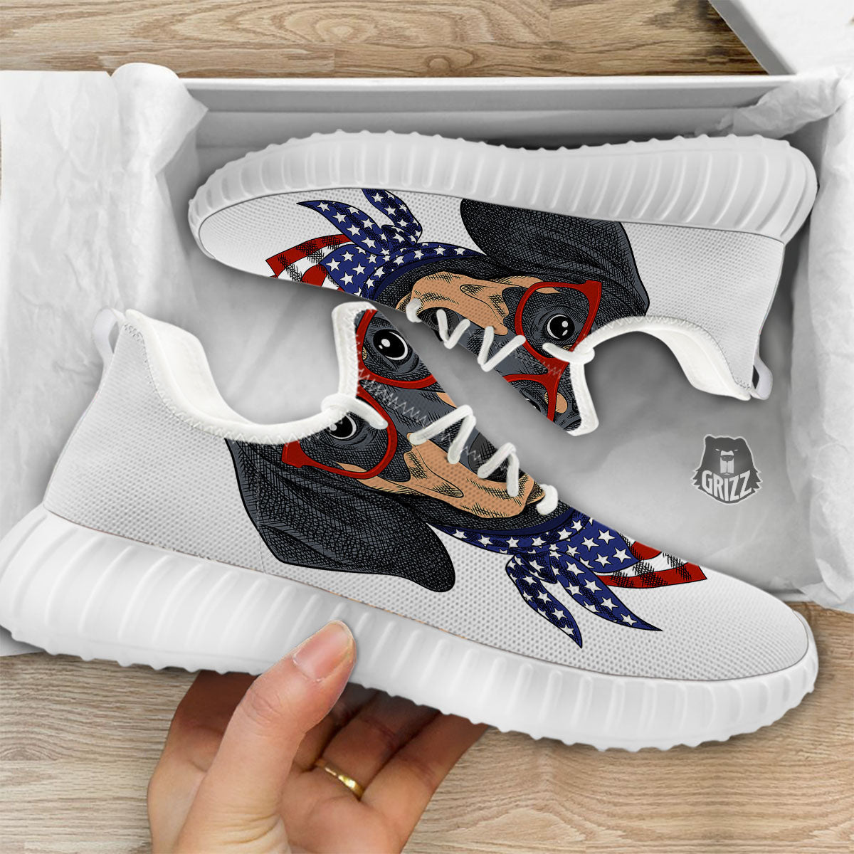 Dachshund Wearing Red Sunglasses Print White Walking Shoes-grizzshop