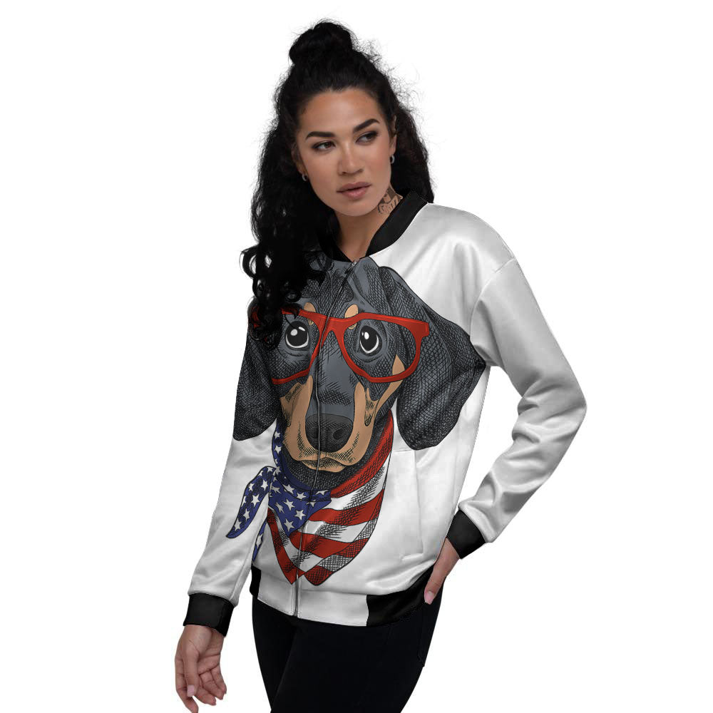 Dachshund Wearing Red Sunglasses Print Women's Bomber Jacket-grizzshop
