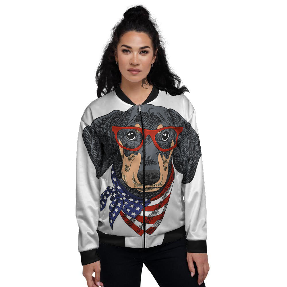 Dachshund Wearing Red Sunglasses Print Women's Bomber Jacket-grizzshop
