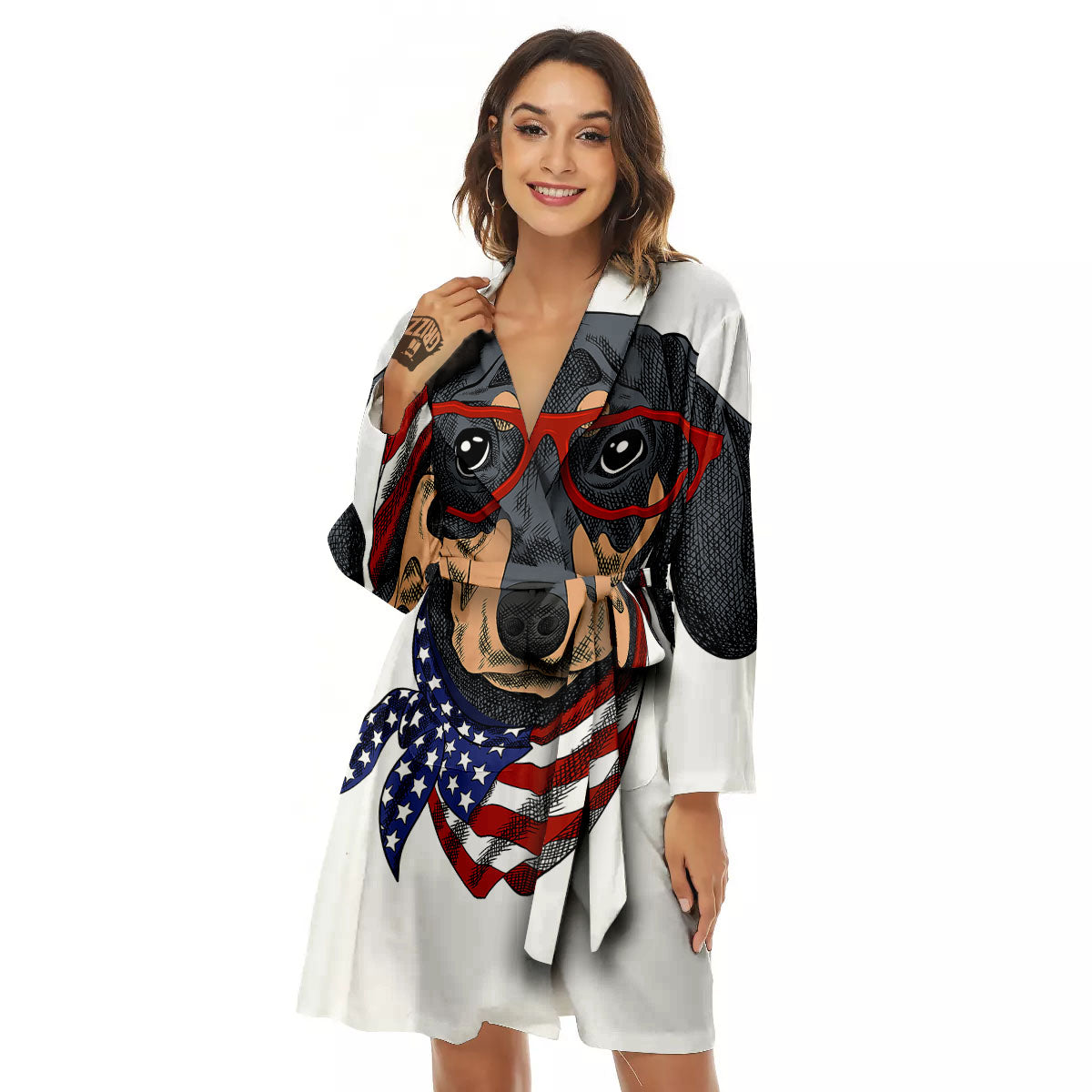 Dachshund Wearing Red Sunglasses Print Women's Robe-grizzshop