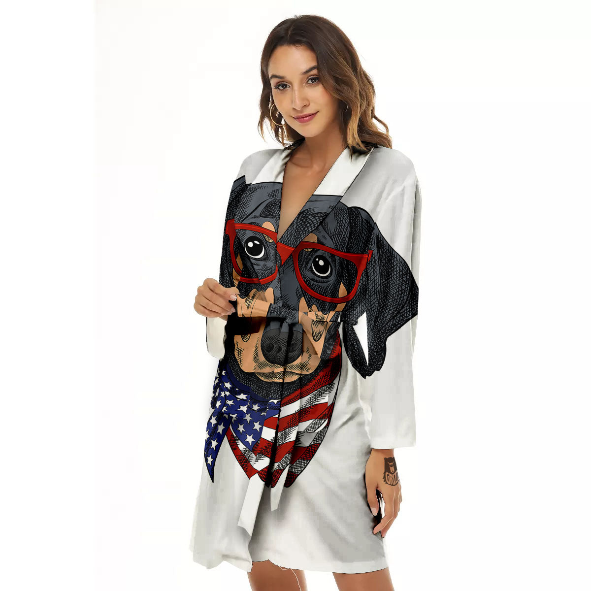 Dachshund Wearing Red Sunglasses Print Women's Robe-grizzshop
