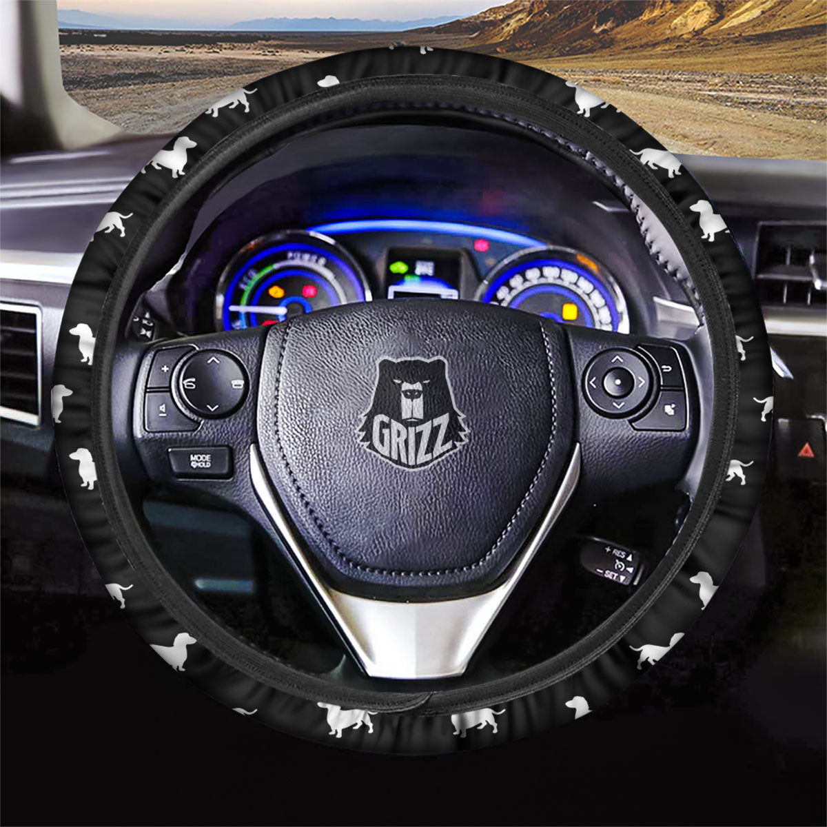 Dachshund White And Black Print Pattern Car Steering Wheel Cover-grizzshop