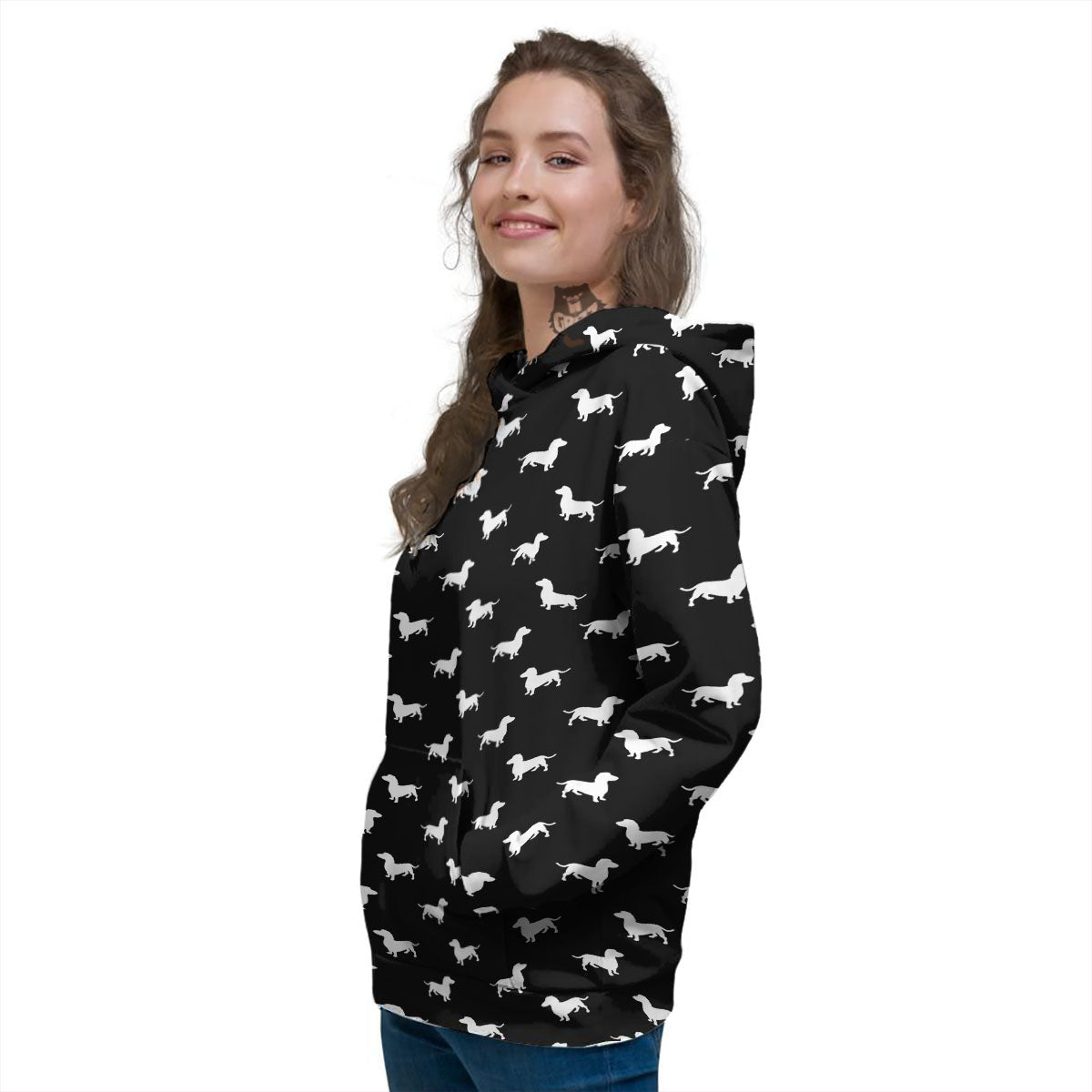 Dachshund White And Black Print Pattern Women's Hoodie-grizzshop