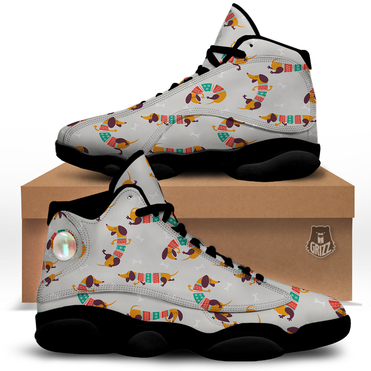 Dachshund Xmas Print Pattern Black Basketball Shoes-grizzshop