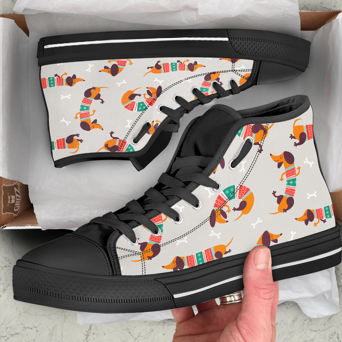 Dachshund Xmas Print Pattern Black High Top Shoes-grizzshop